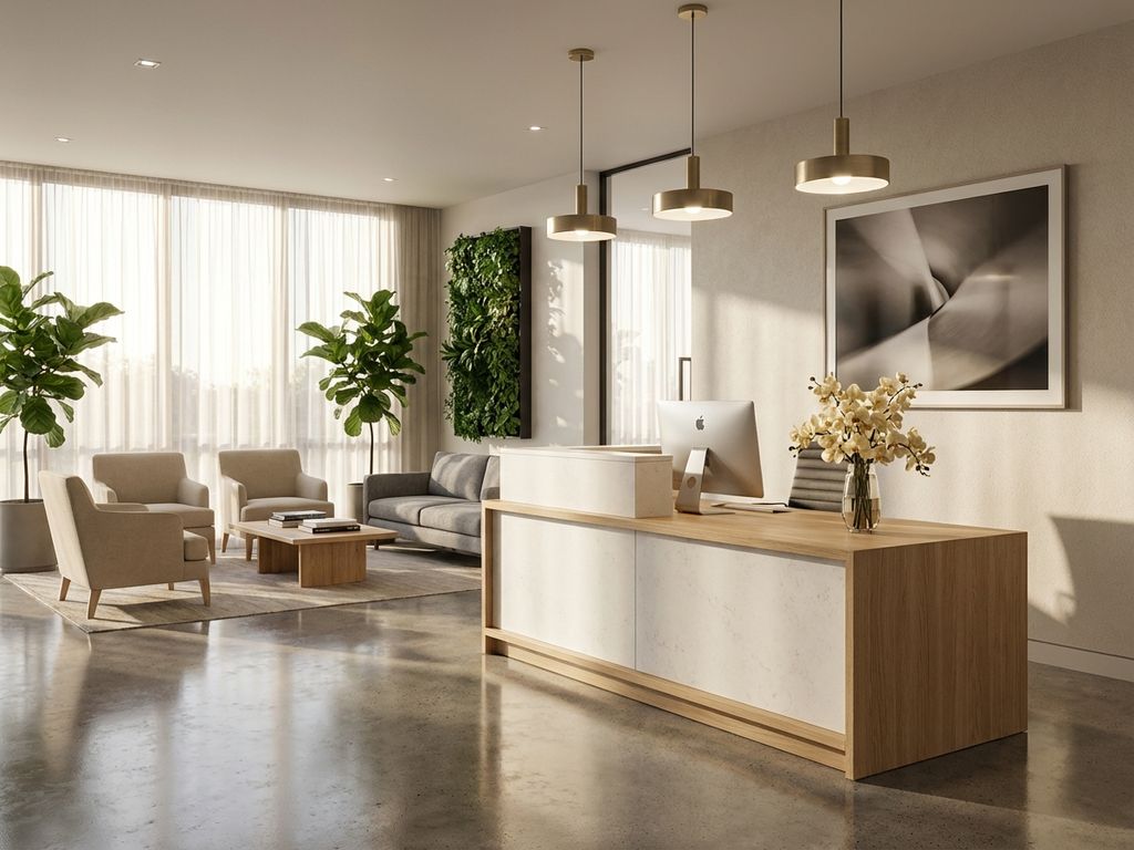 Moderne kantoor receptie met elegante houten balie, ergonomische stoelen en natuurlijk licht door grote ramen
