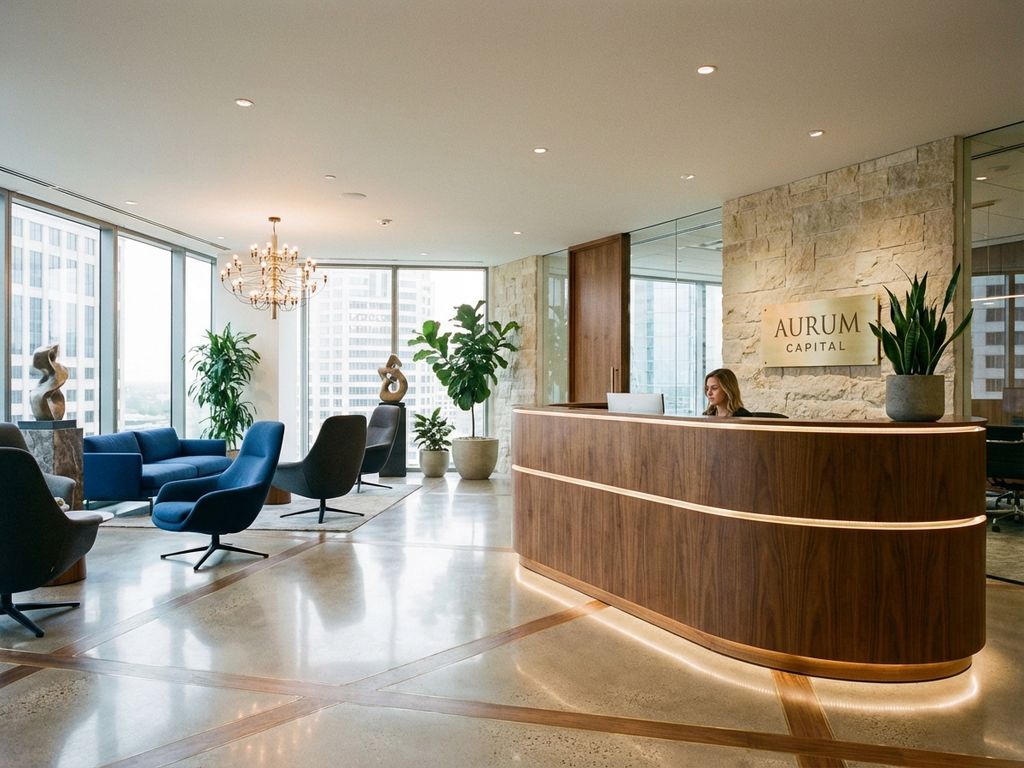 Moderne luxe kantoor receptie met gebogen houten balie, ergonomische stoelen en grote ramen met natuurlijk licht