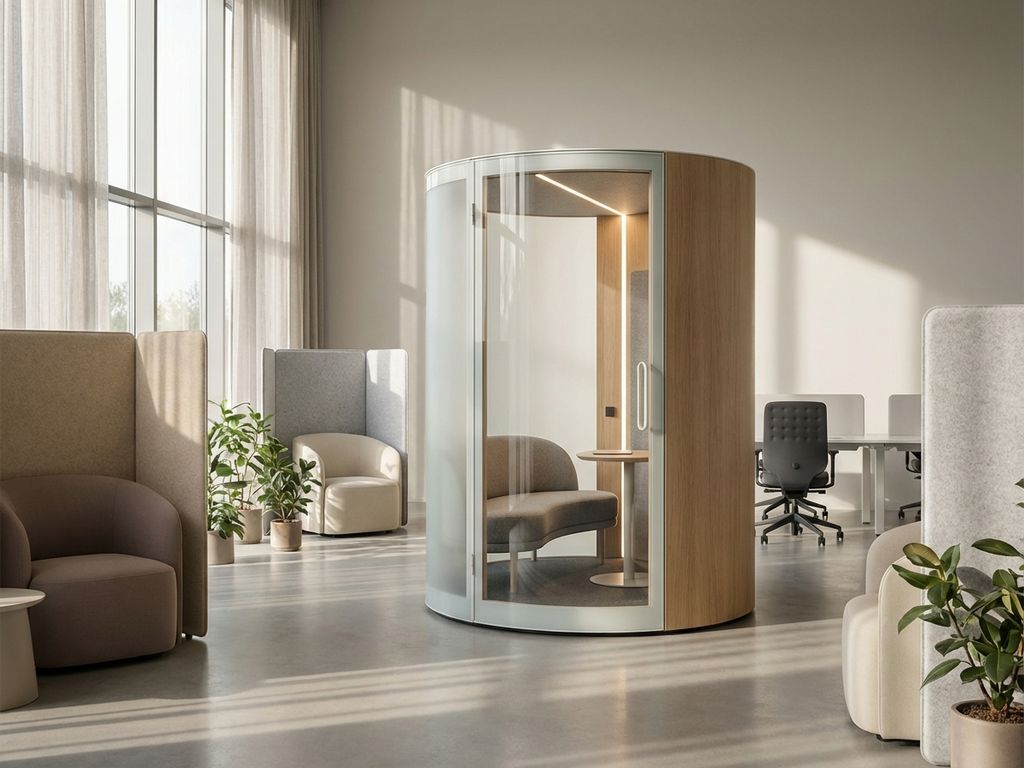 Moderne kantoor rustige zone met strakke pod-werkplek, matglas panelen, warme houtaccenten en ergonomische stoelen