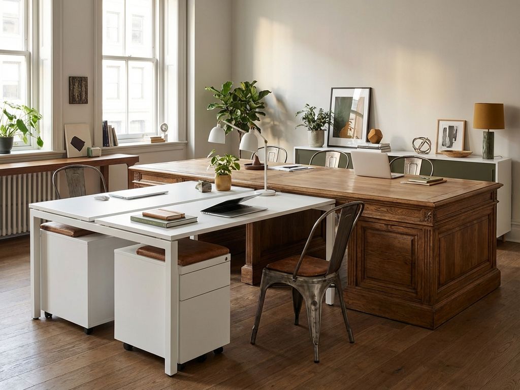 Moderne kantoorruimte met Scandinavische bureaus, houten vergadertafel en industri&euml;le stoelen in natuurlijk licht