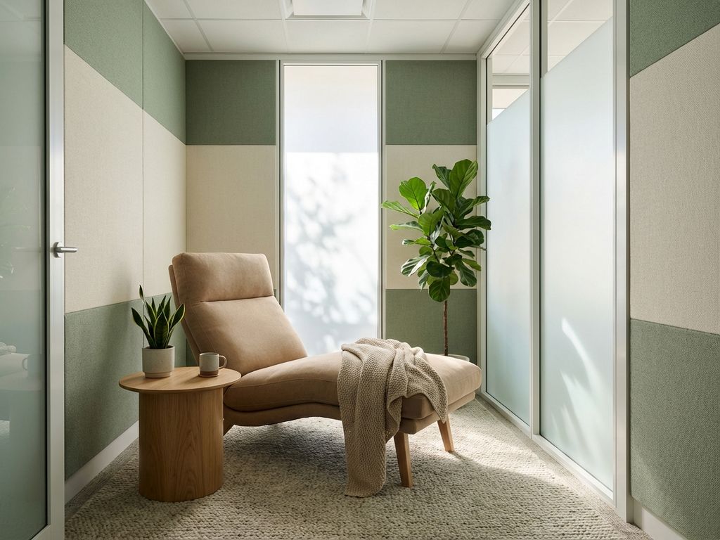 Moderne kantoor stilteruimte met ergonomische stoel, natuurlijke tinten en planten voor werkplek welzijn