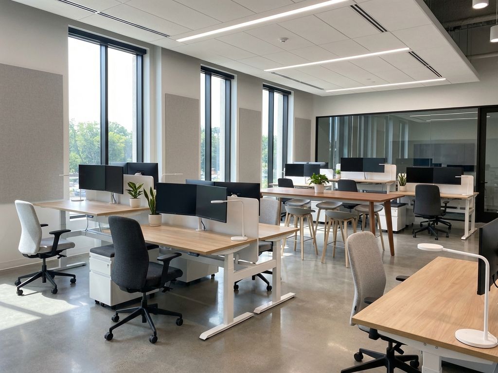 Moderne kantoorruimte met ergonomische meubilair, zit-sta bureaus en professionele verlichting in neutrale tinten