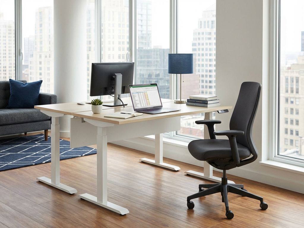 Moderne ergonomische kantoorwerkplek met in hoogte verstelbaar bureau, comfortabele stoel en natuurlijk licht door ramen.