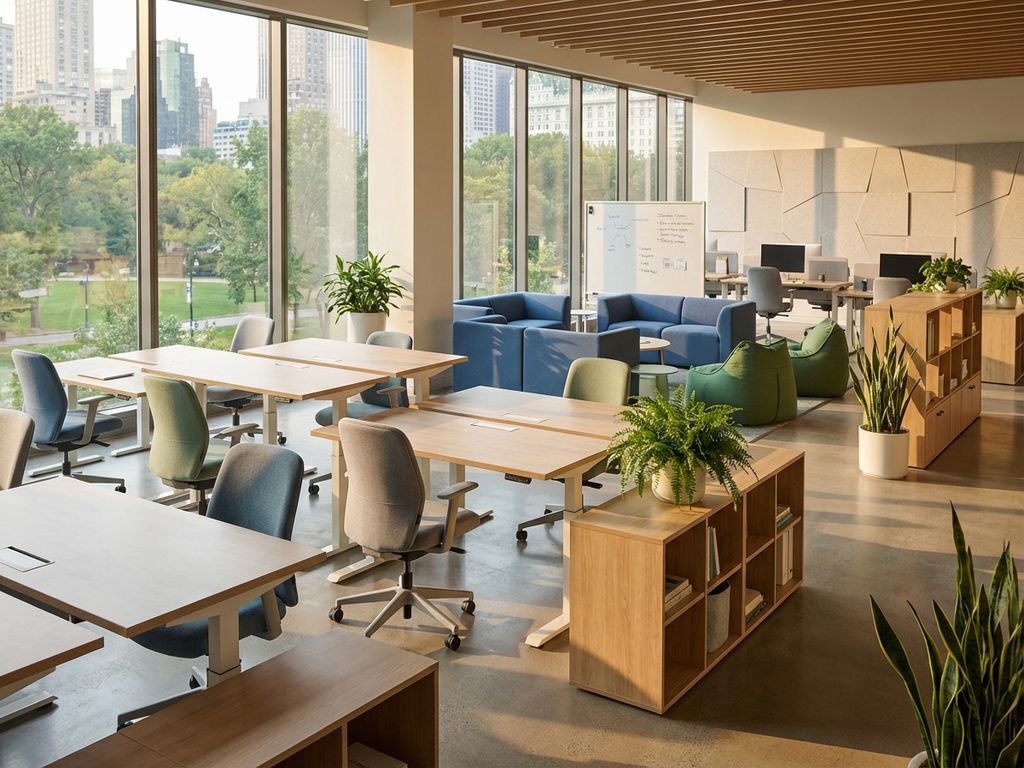 Moderne kantooromgeving met ergonomische bureaus, stoelen en natuurlijk licht door grote ramen voor productief werken