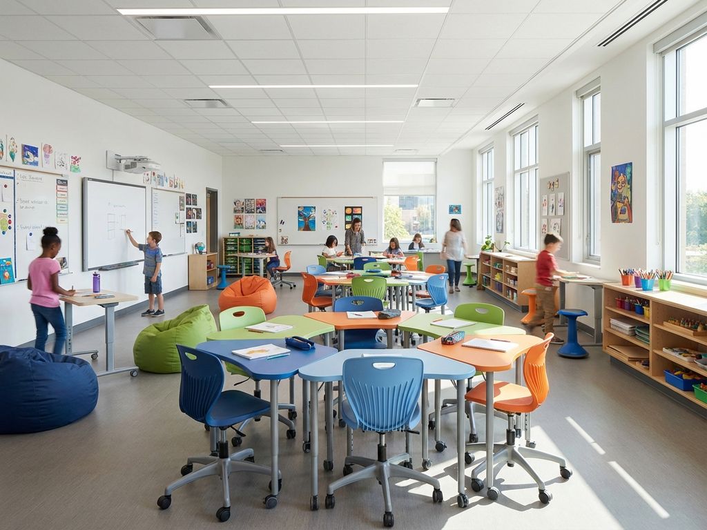 Moderne klaslokaal met kleurrijke modulaire meubilair, flexibele zitplekken en natuurlijk licht door grote ramen