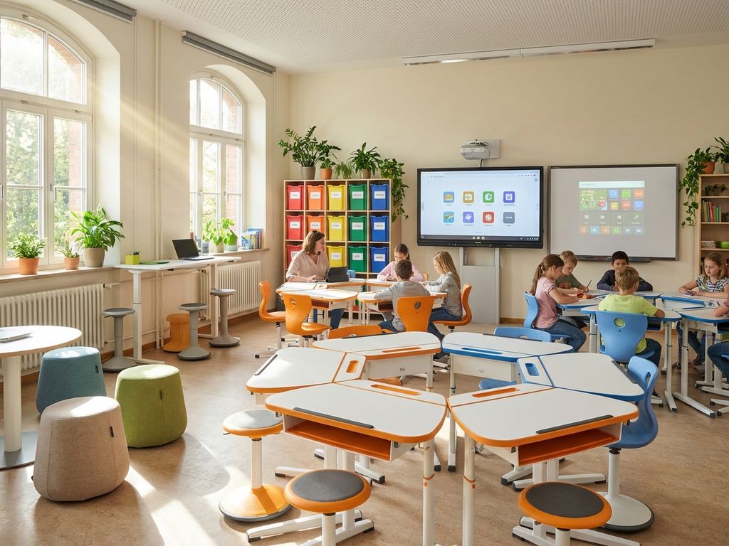 Moderne klaslokaal met ergonomische bureaus in oranje en blauw, flexibele zitplaatsen en interactieve whiteboards