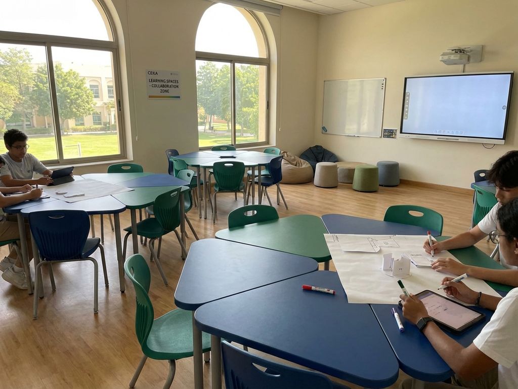 Moderne klaslokaal met kleurrijke modulaire meubilair, zeshoekige tafels en studenten die samenwerken in leerpods