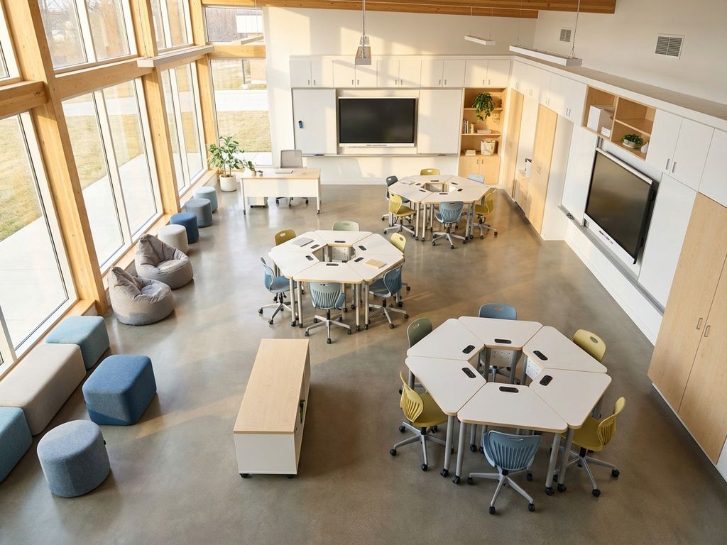 Moderne klaslokaal met modulaire meubilair, ergonomische stoelen en flexibele leerzones in natuurlijk licht