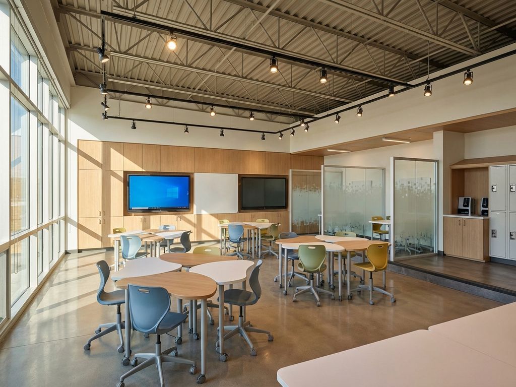 Modern klaslokaal met modulair meubilair, interactieve displays, flexibele werkruimtes en natuurlijk licht door grote ramen.