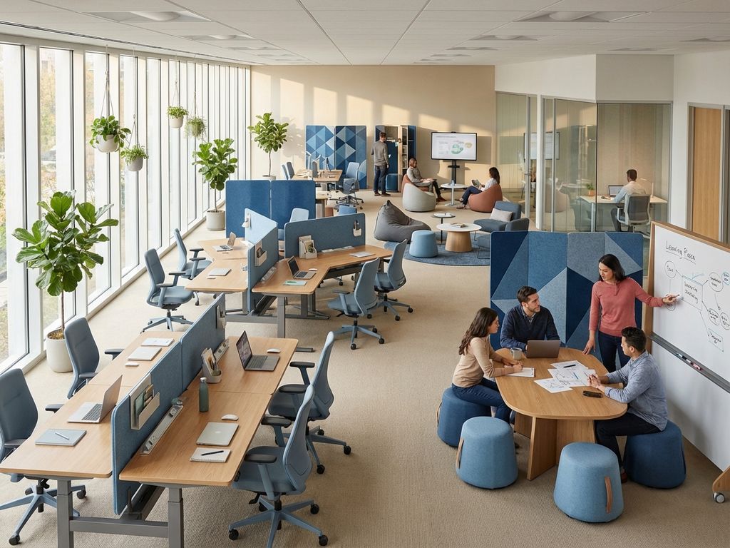Moderne leerplaza met modulair meubilair, ergonomische stoelen en verstelbare bureaus in open kantooromgeving