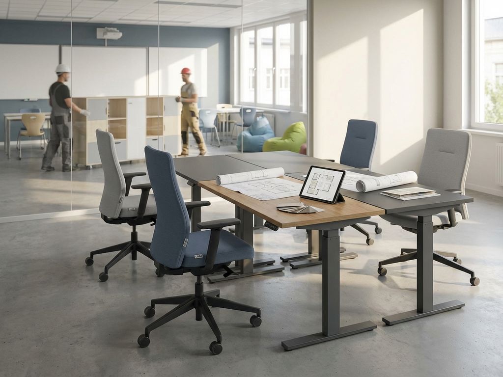 Moderne onderwijswerkplek met ergonomische bureaus, blauw-grijze CEKA meubels en architecturale ontwerptekeningen