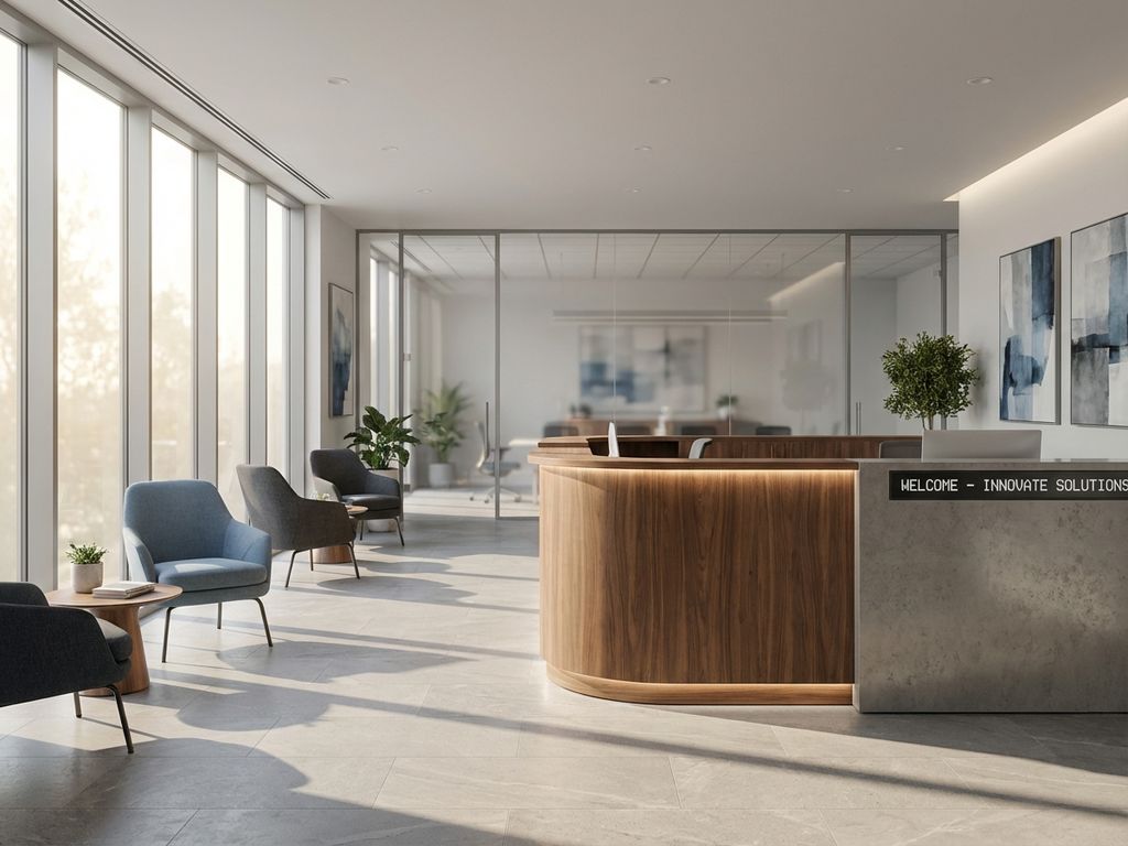 Moderne kantoor receptiebalie van warm hout met ge&iuml;ntegreerde verlichting en eigentijdse meubels in blauw-grijze ruimte