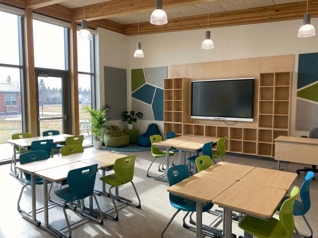 Moderne schoolklas met ergonomische stoelen, verstelbare bureaus en natuurlijk licht door grote ramen