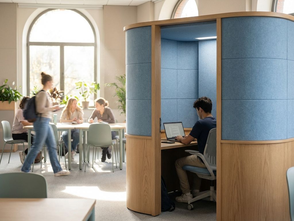 Moderne studie-pod met ergonomisch meubilair in zachte blauwtinten en warme houttonen in hedendaagse klaslokaalomgeving