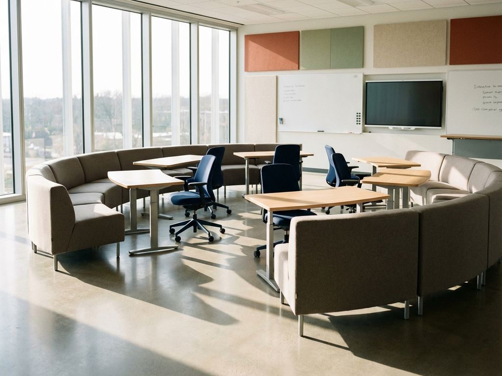 Moderne vergaderruimte met modulaire zithoek, houten tafels en marineblauwe stoelen bij grote ramen