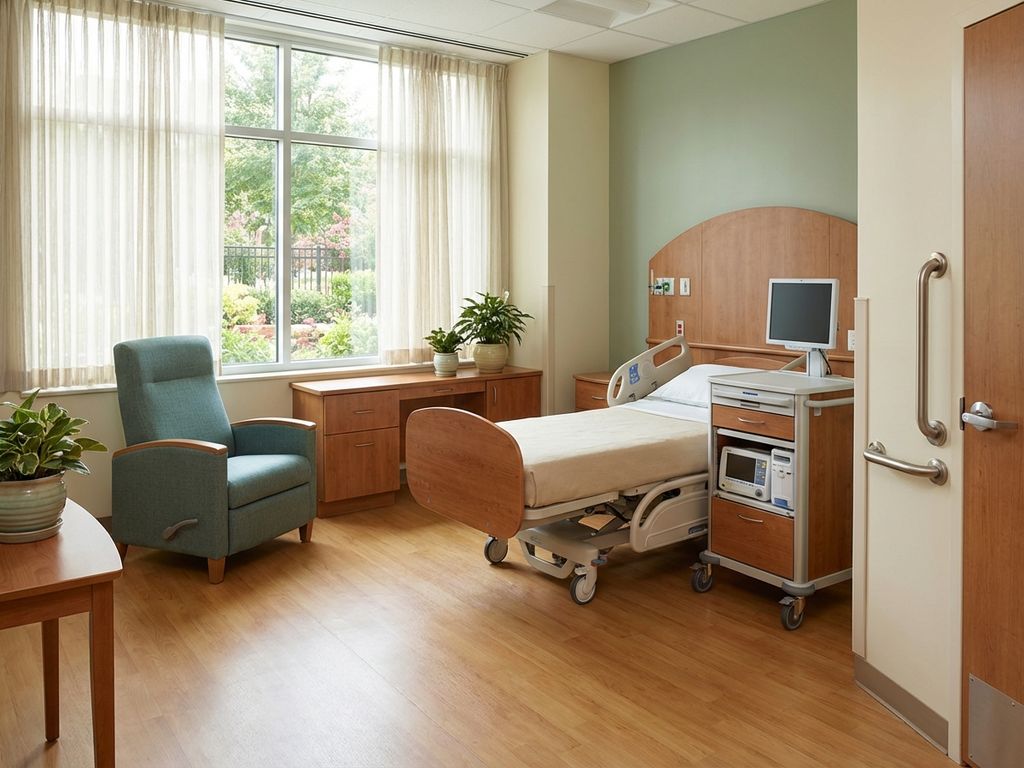 Moderne pati&euml;ntenkamer met aardse tinten, ergonomisch meubilair, natuurlijk licht en ge&iuml;ntegreerde veiligheidsvoorzieningen