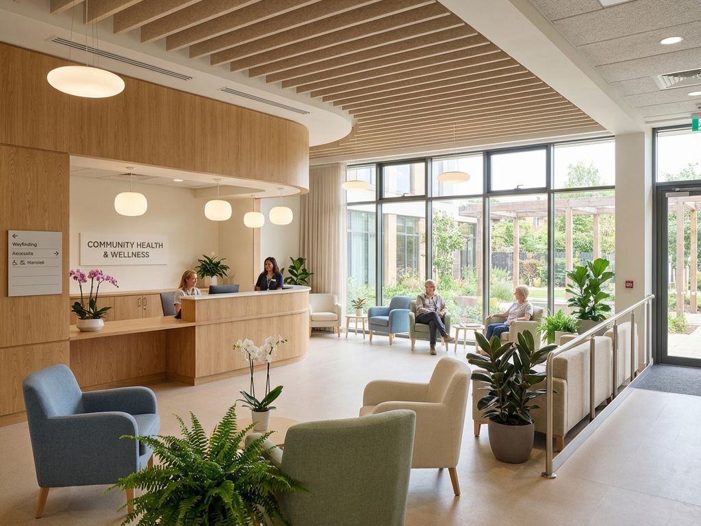 Moderne ziekenhuisreceptie met comfortabele stoelen, natuurlijk licht en planten voor een warme, toegankelijke zorgomgeving
