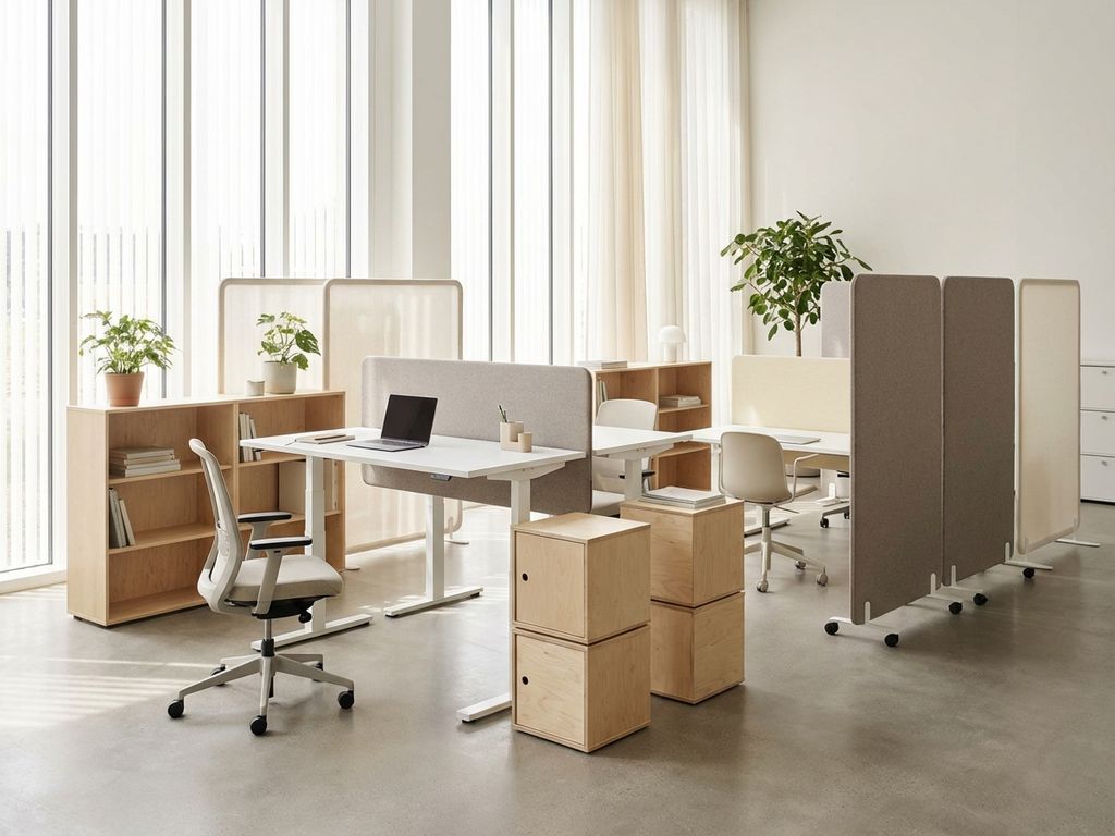 Moderne kantoorwerkplek met modulaire meubels in wit en licht hout, verstelbare bureaus en opbergkubussen bij raam