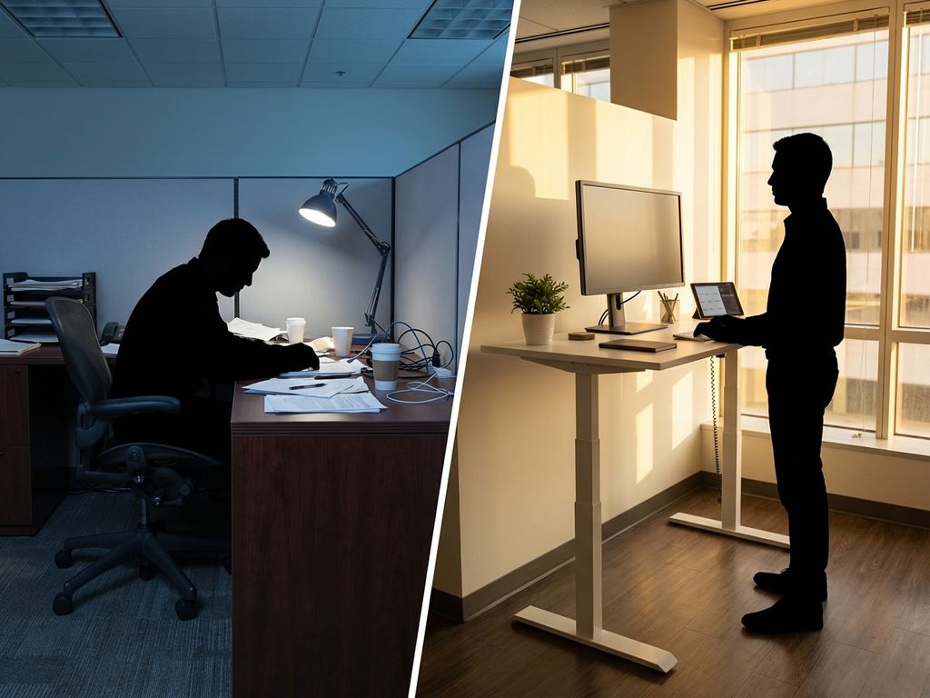 Split-screen vergelijking van zittende werkplek met slechte houding versus staande bureau met goede ergonomie en productiviteit