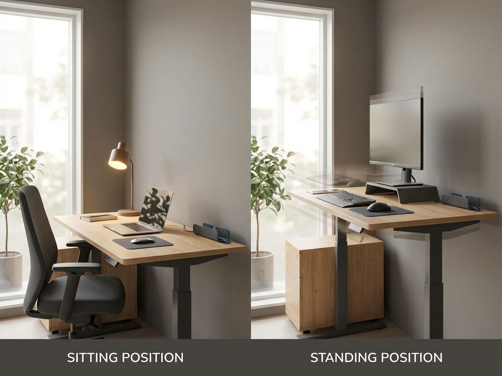 Hoogte-verstelbaar bureau in zit- en stahouding, moderne werkplek met ergonomische stoel en natuurlijk hout