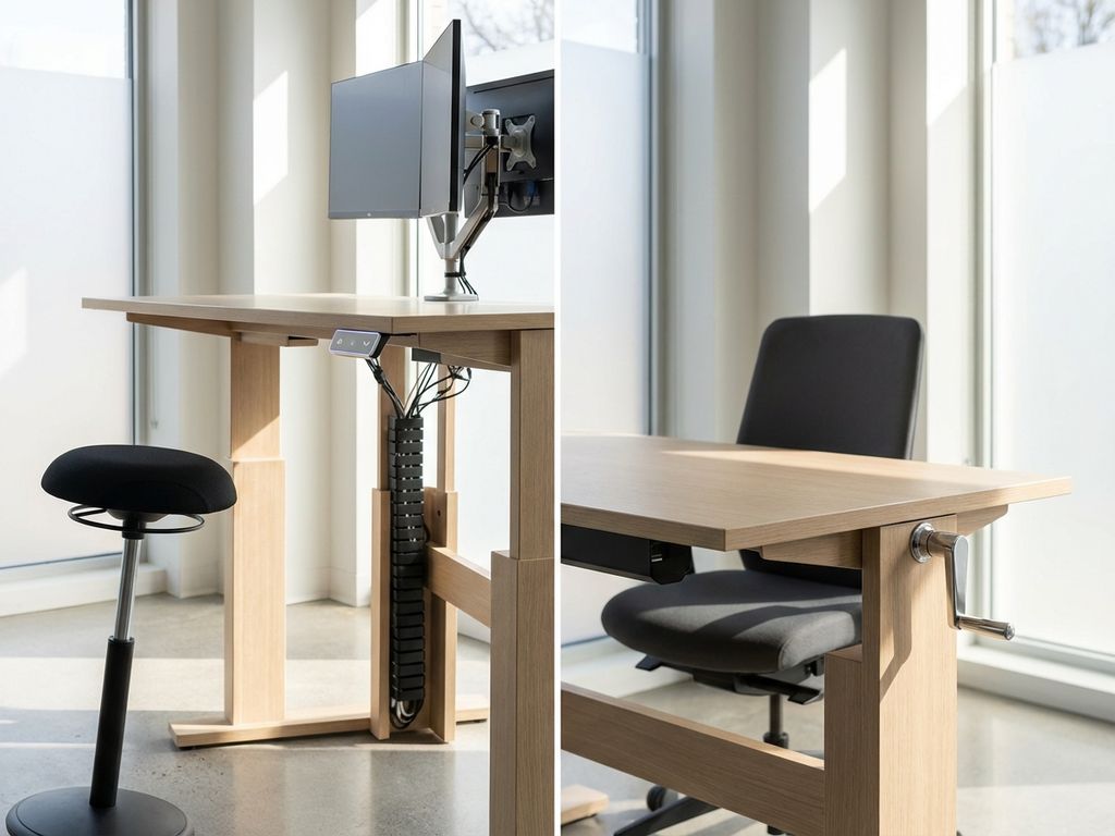 Moderne kantoorruimte met elektrische zit-sta bureau links en handmatige verstelbare bureau rechts, beide met houten blad