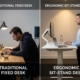 Split-screen kantoor toont werkplek met zit-sta bureau: links slechte houding aan gewoon bureau, rechts goede ergonomie staand