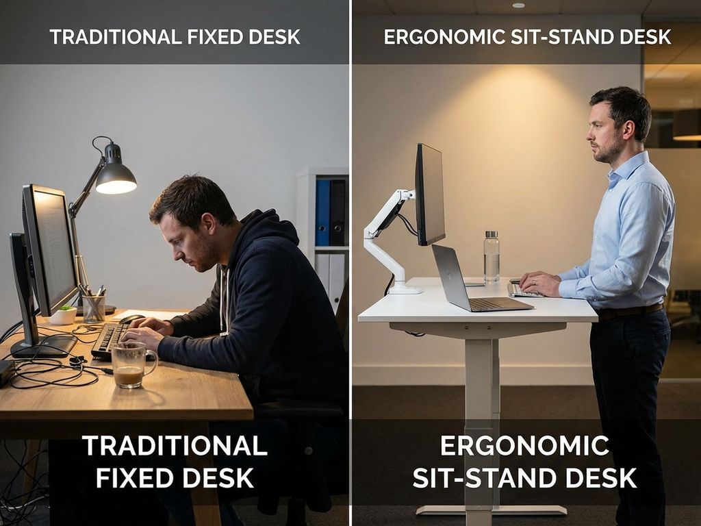 Split-screen kantoor toont werkplek met zit-sta bureau: links slechte houding aan gewoon bureau, rechts goede ergonomie staand