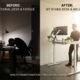 Split-screen vergelijking van kantoorwerkplek: links slechte houding aan bureau, rechts ergonomische zit-sta bureau setup