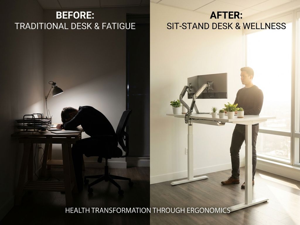 Split-screen vergelijking van kantoorwerkplek: links slechte houding aan bureau, rechts ergonomische zit-sta bureau setup