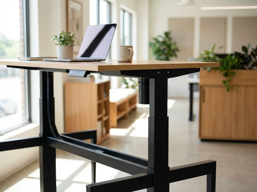 Moderne zit-sta bureau in verhoogde positie met witte tafelblad en zwarte pneumatische poot in kantooromgeving