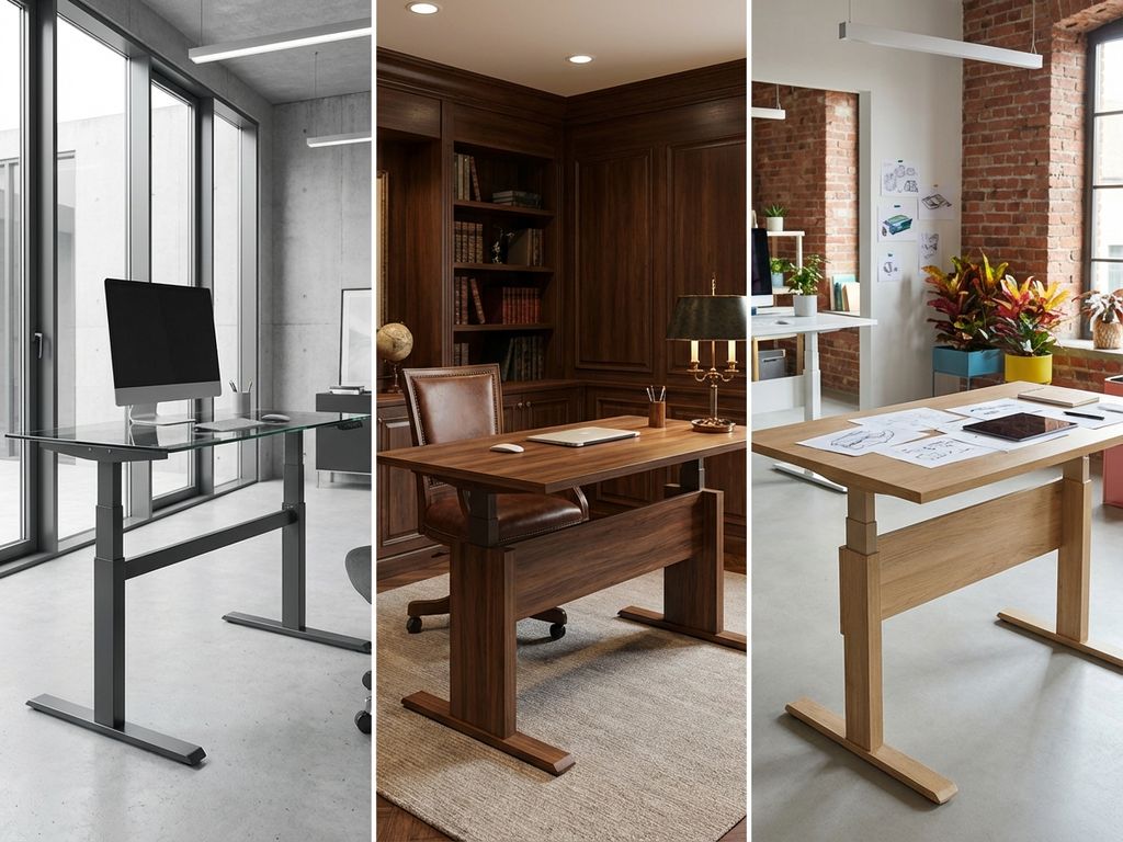 Verstelbaar zit-sta bureau getoond in drie verschillende kantooromgevingen: modern, traditioneel en creatief open plan