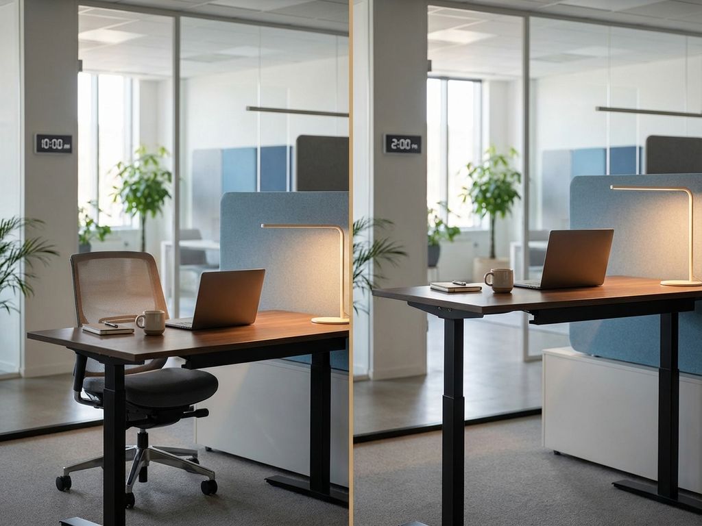 Split-screen vergelijking van moderne zit-sta bureau: links zittende positie met bureaustoel, rechts staande hoogte