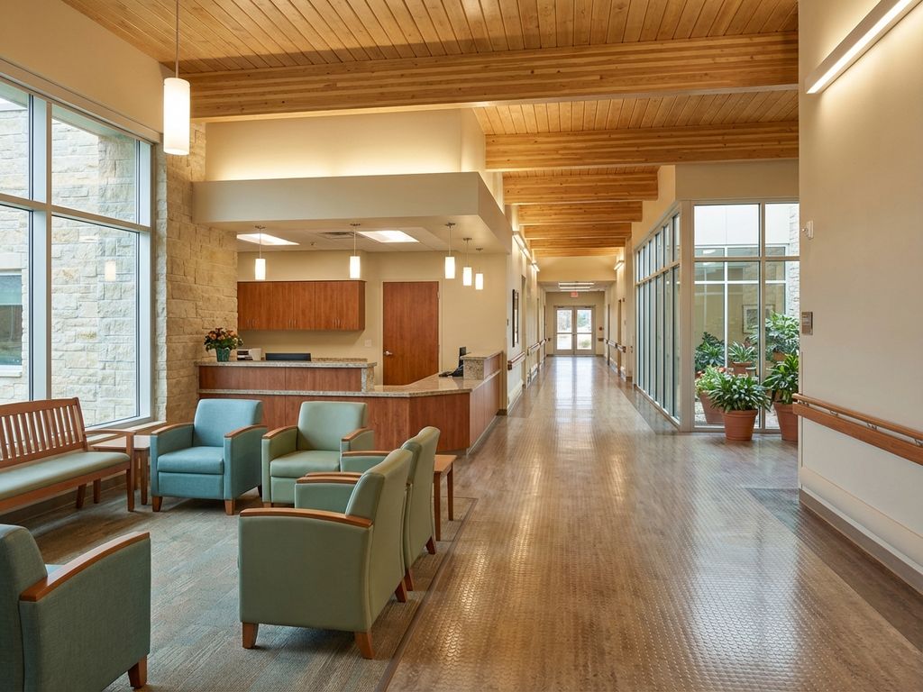 Moderne zorgfaciliteit met toegankelijke inrichting, natuurlijke materialen, comfortabele zithoeken en therapeutische verlichting