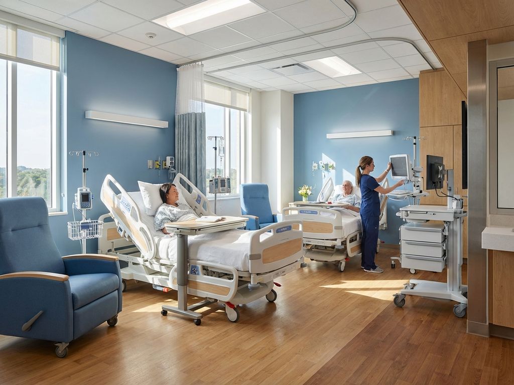 Moderne zorgfaciliteit met ergonomische ziekenhuisbedden, medische apparatuur en comfortabele pati&euml;ntenstoelen in heldere ruimte
