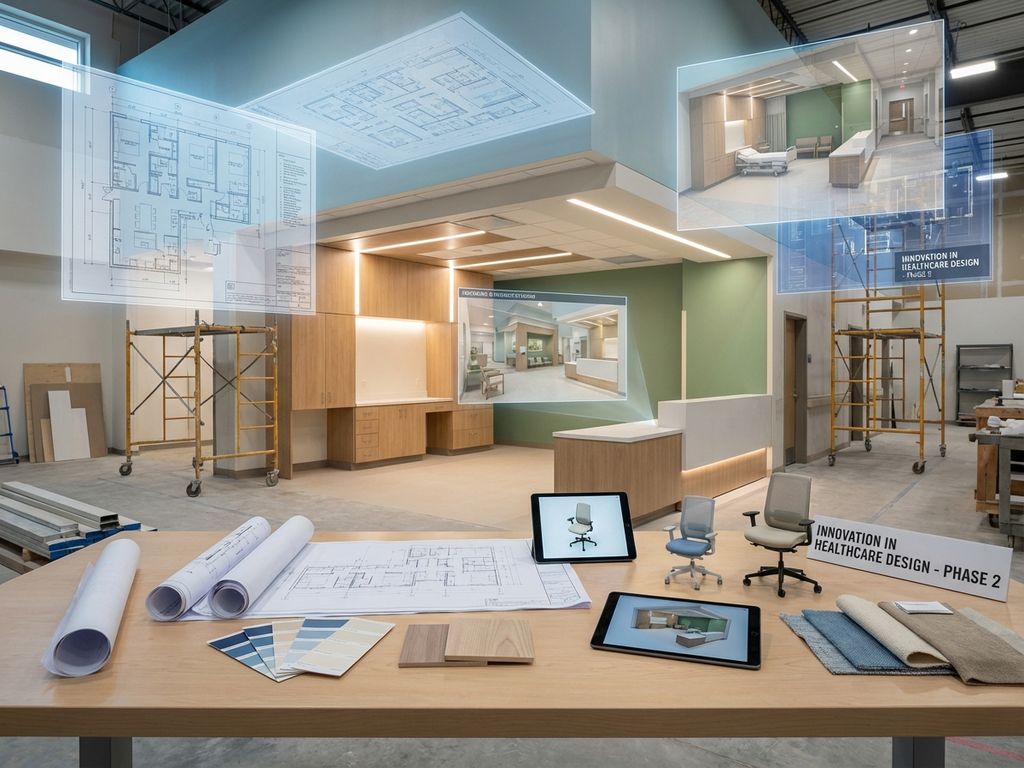 Moderne zorgfaciliteit interieurontwerp met blauwdrukken, 3D-modellen, ergonomische meubels en warme verlichting