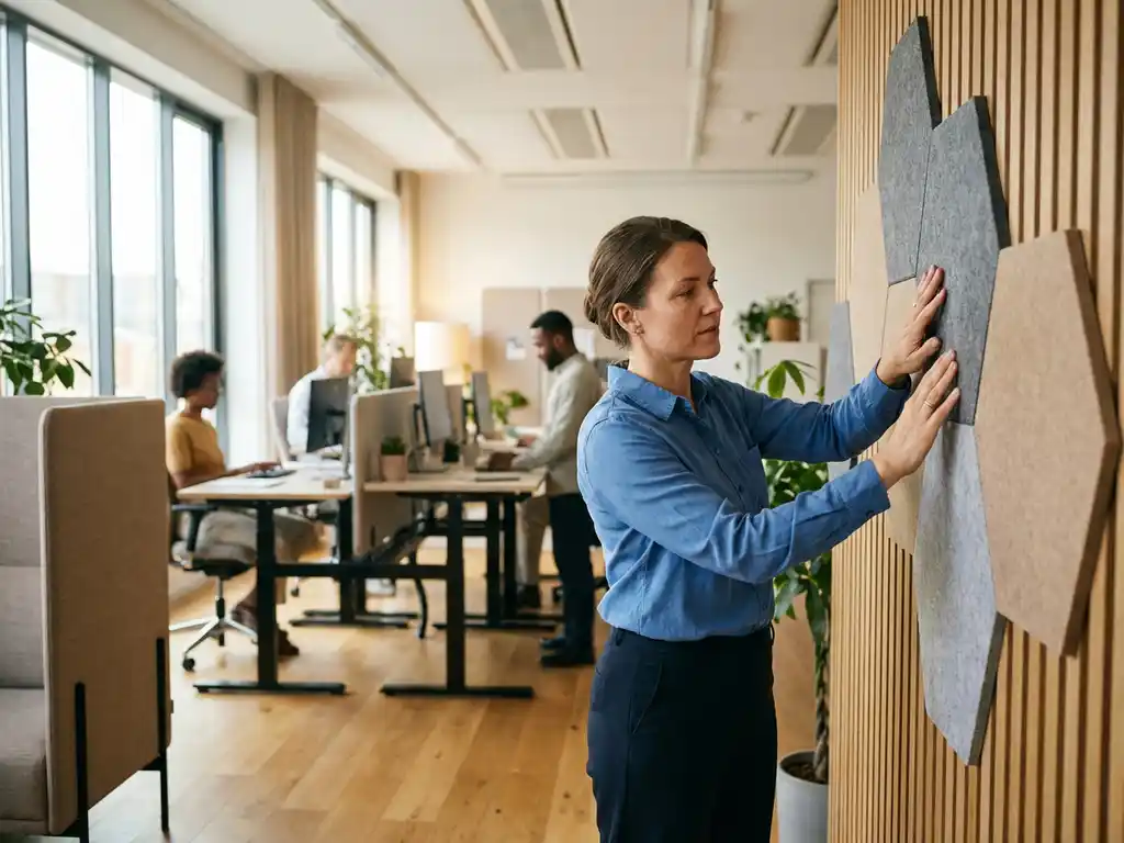 Kantoormedewerker installeert grijze akoestische panelen op moderne kantoorwand terwijl collega's werken aan zit-sta bureaus