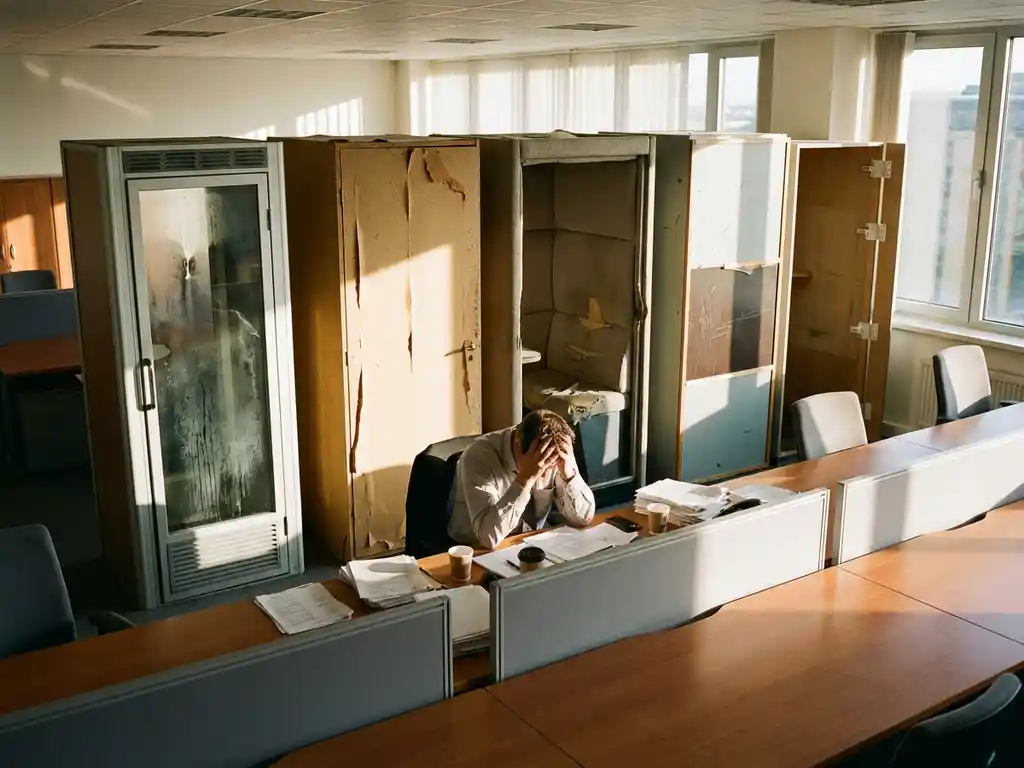 Gefrustreerde kantoormedewerker onderzoekt vijf gebrekkige akoestische telefoonhokjes in moderne open werkruimte