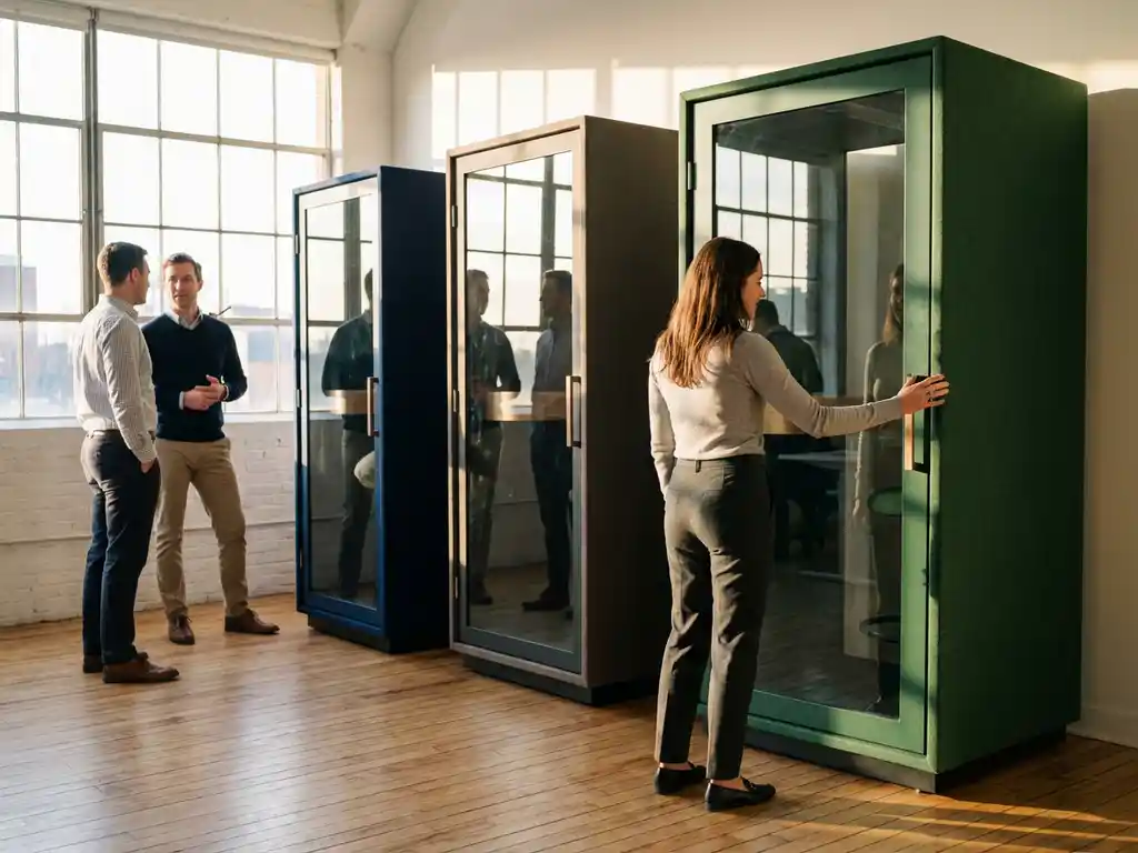 Moderne akoestische telefoonhokjes in marineblauw, antraciet en bosgroen in heldere kantoorshowroom met medewerkers