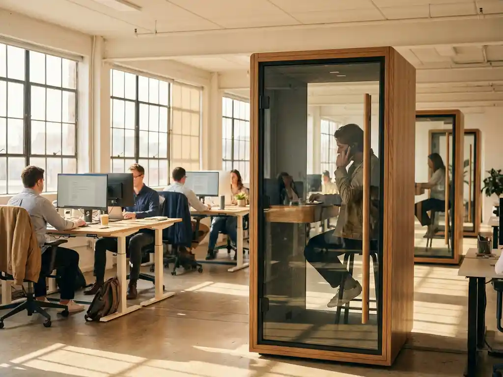 Moderne kantoorruimte met glazen akoestische telefoonhokjes en werknemers aan zit-sta bureaus bij natuurlijk licht