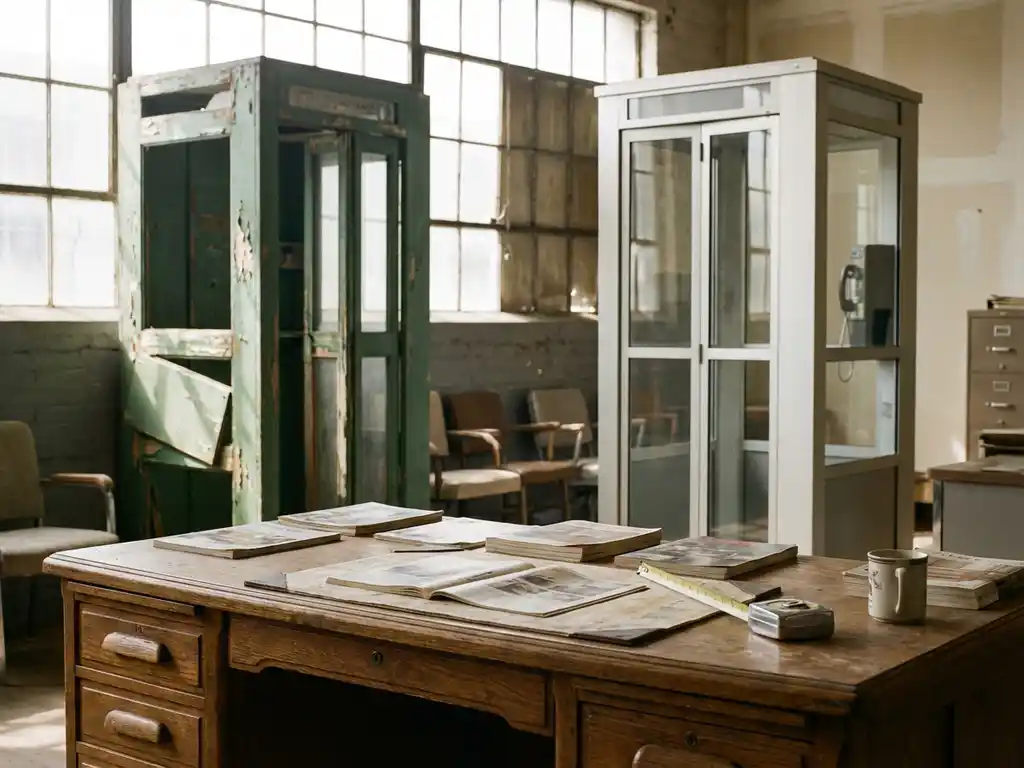 Houten bureau met meetlint en meubelfolder, twee telefoonhokjes op achtergrond waarvan &eacute;&eacute;n versleten en &eacute;&eacute;n nieuw