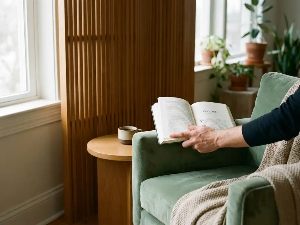 Gezellige leeshoek met beige fauteuil naast houten roomdivider, open boek op armleuning, koffiekopje op bijzettafel