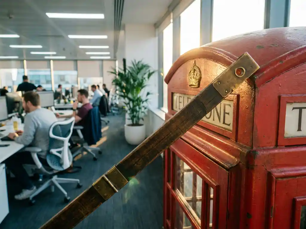 Vintage houten meetlint uitgestrekt over hoek van rode Britse telefooncel in modern kantoor met ergonomische stoelen