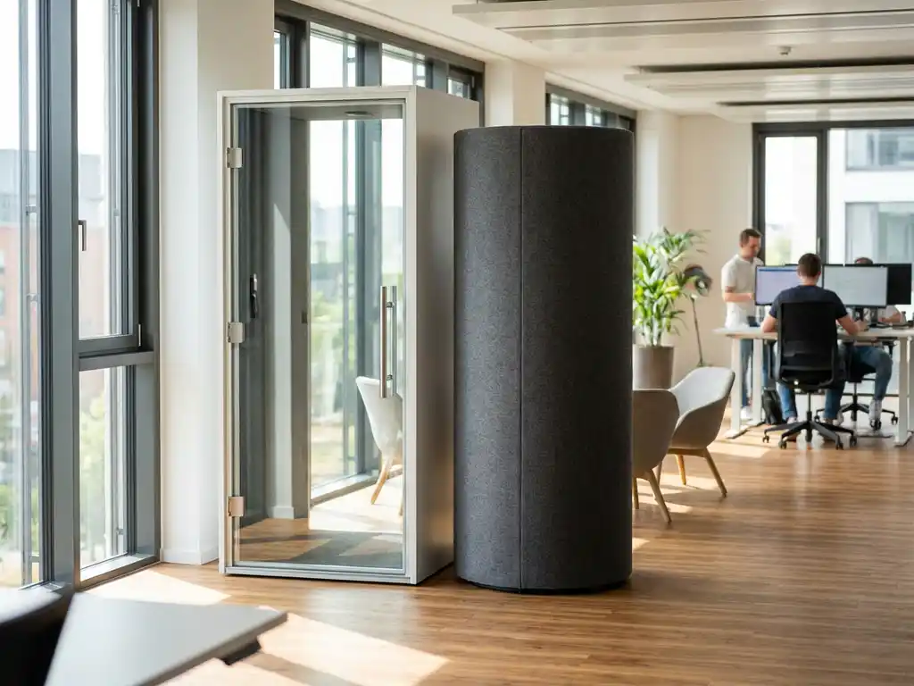 Glazen telefooncel en stoffen akoestische pod naast elkaar in moderne kantoorruimte met natuurlijk licht