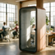 Moderne akoestische telefooncel in open kantoorruimte met medewerkers aan zit-sta bureaus, warm natuurlijk licht