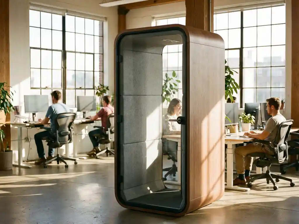 Moderne akoestische telefooncel in open kantoorruimte met medewerkers aan zit-sta bureaus, warm natuurlijk licht