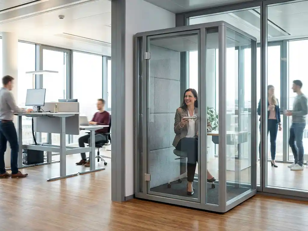 Glazen telefooncel met akoestische panelen in moderne kantooromgeving, vrouw belt priv&eacute; terwijl collega's werken