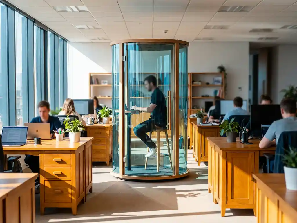 Glazen telefooncel pod in modern kantoor naast houten werkplekken, medewerkers op achtergrond, natuurlijk licht
