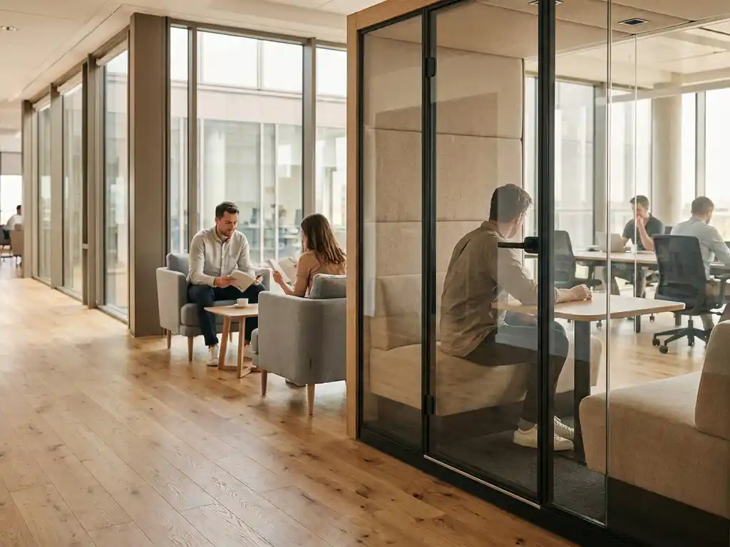 Moderne glazen telefooncel met akoestische panelen naast rustige werkruimte in hedendaags kantoor met natuurlijk licht