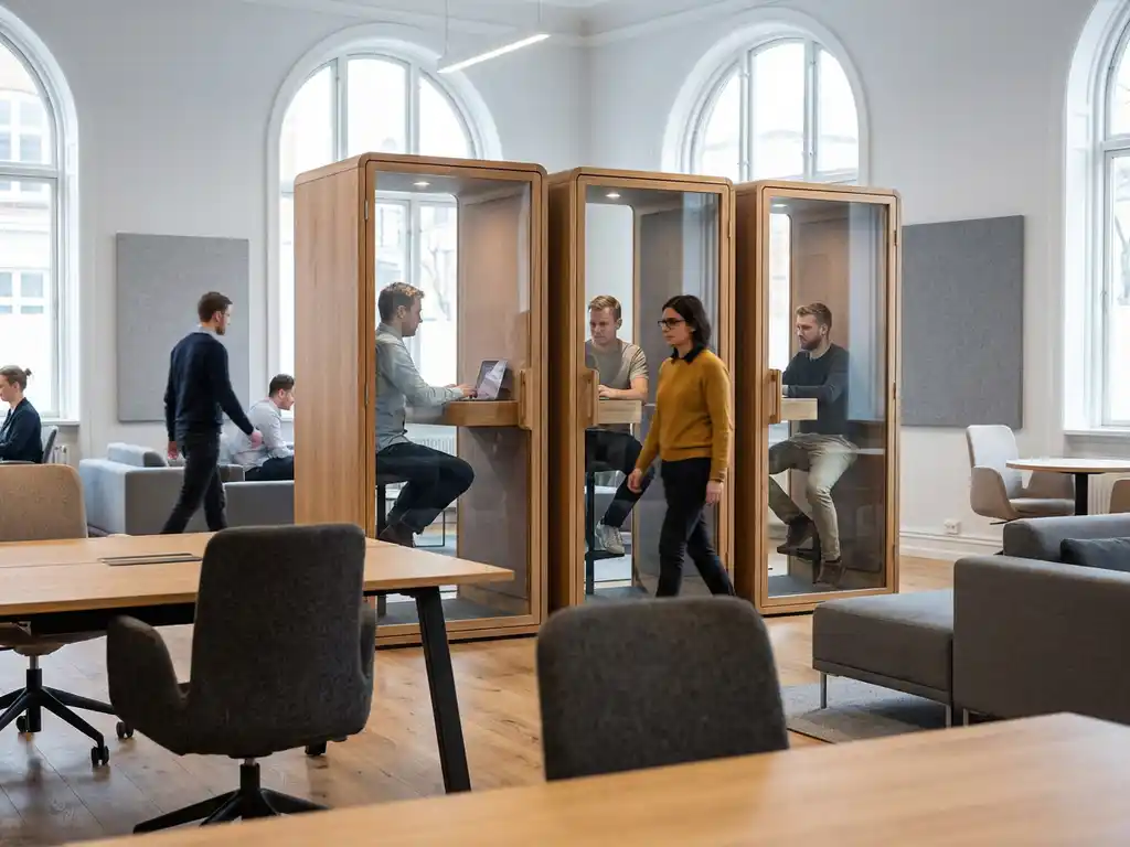 Moderne telefooncellen met glazen panelen en houten accenten in open kantoorruimte met werknemers en natuurlijk licht