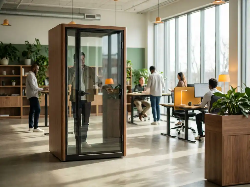 Glazen telefooncel in modern kantoor met werknemers aan zit-sta bureaus, natuurlijk licht en warme houtaccenten